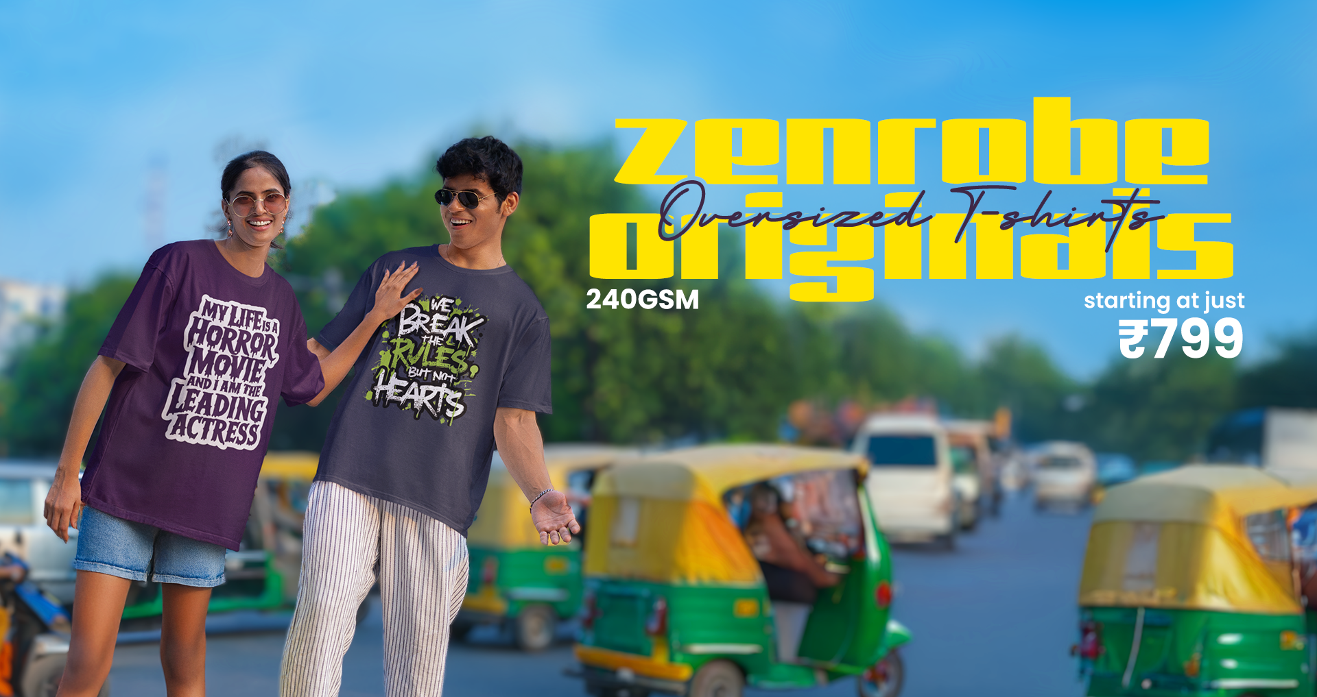 Model wearing black Zenrobe Originals t-shirts with unique designs. Shop the collection, starting at ₹999.